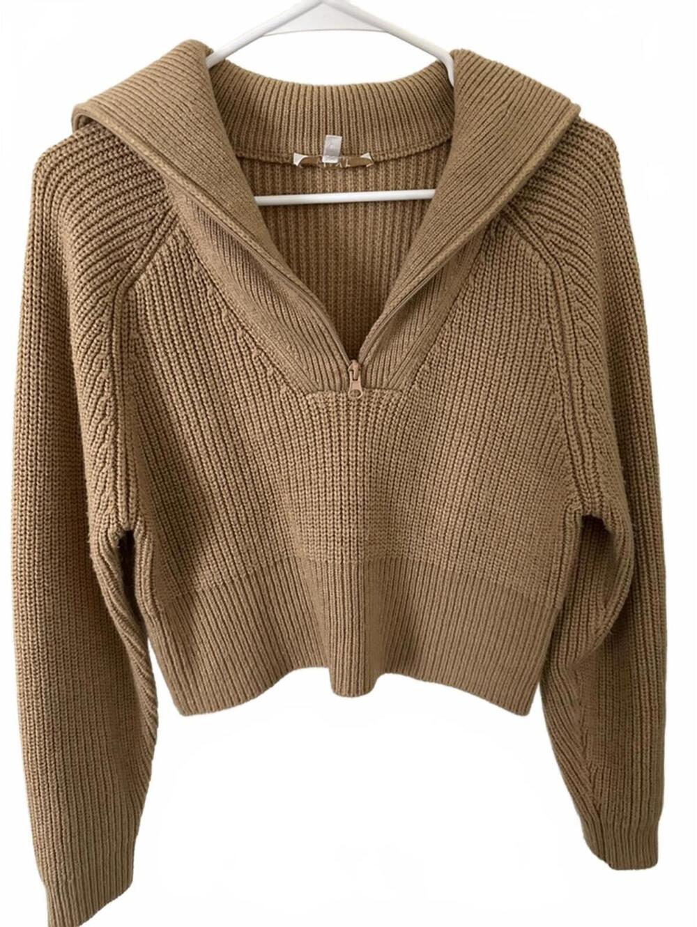 WAYF Nelle Half Zip Pullover Sweater Camel Brown XS